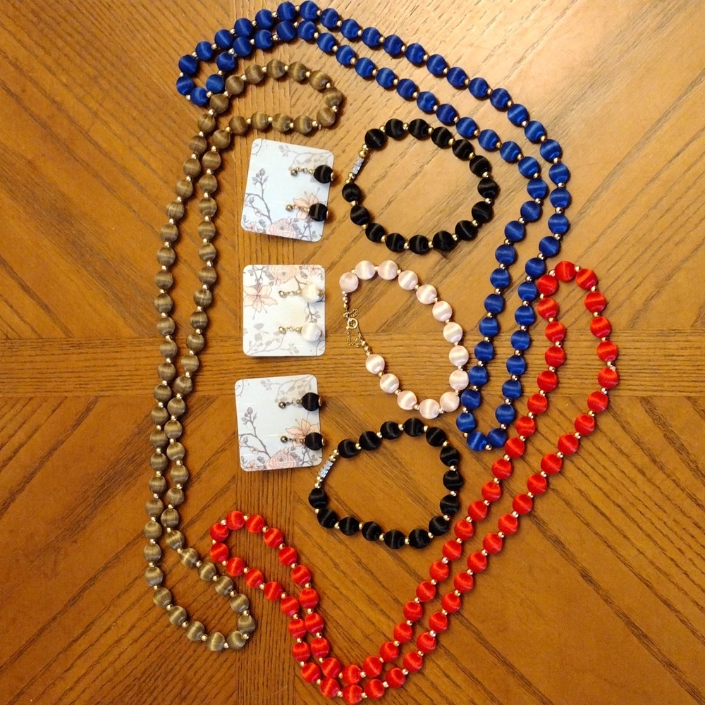 Silk Thread Bead Necklaces, Bracelets and Earrings 6 Colors 9 Pieces